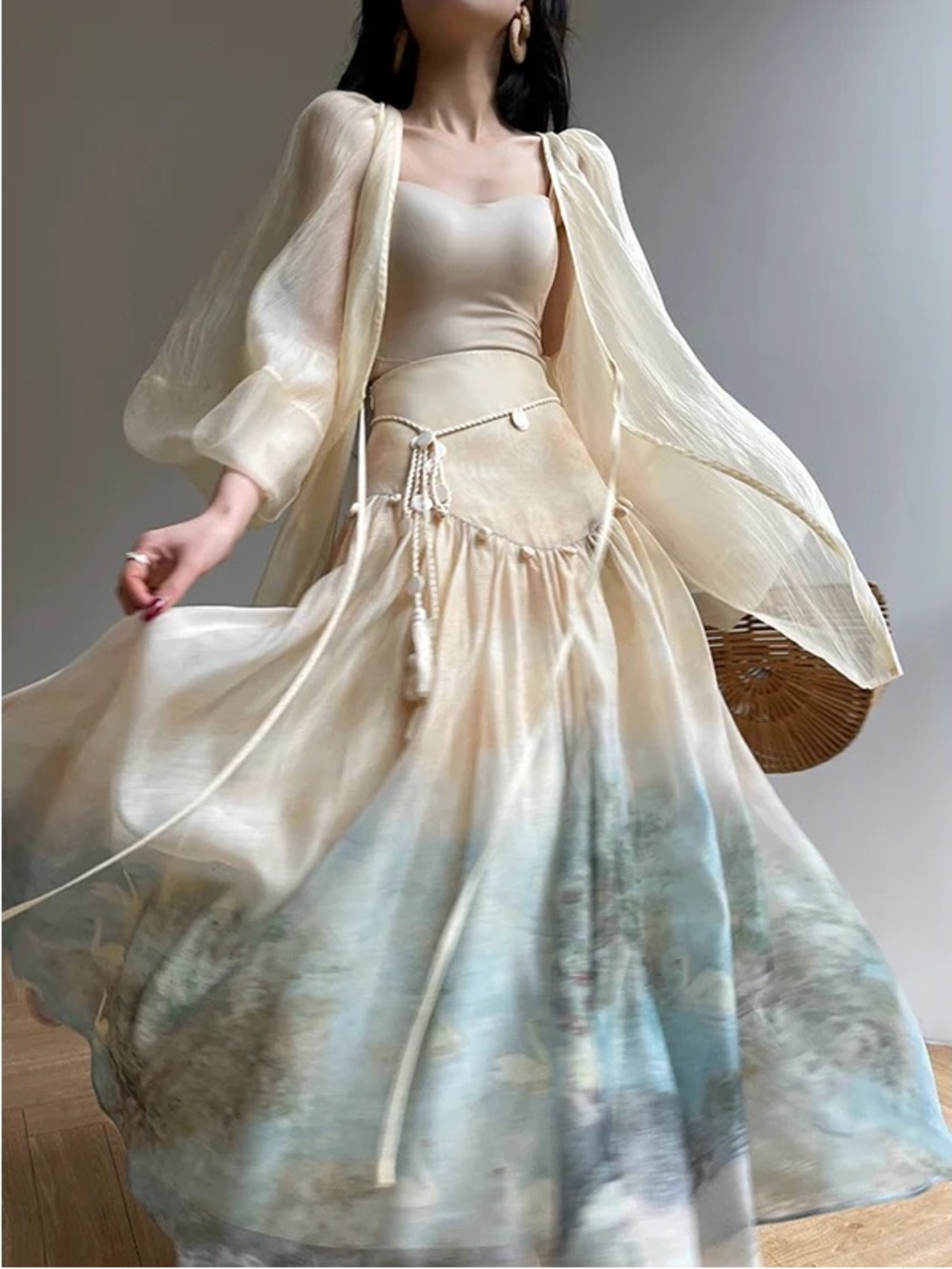 Soft Cream & Sky Blue Ombre Maxi Skirt with Decorative Tie
